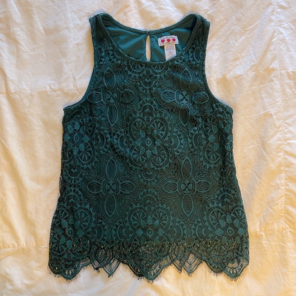 Hunter Green Lace Overlay Sleeveless Blouse